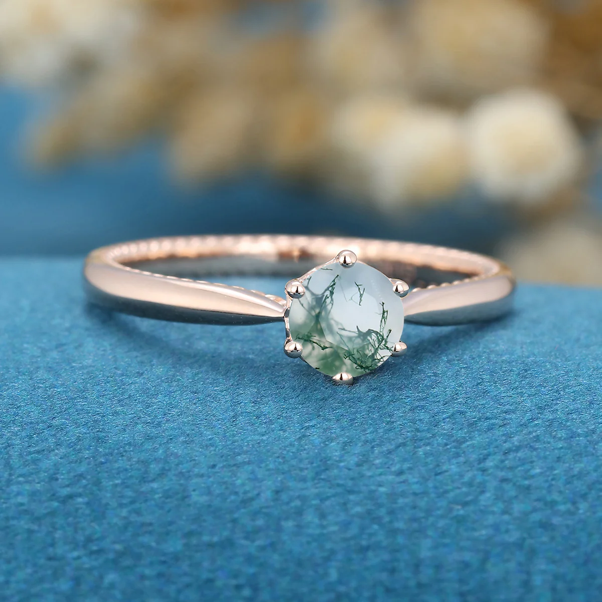 Round Cut Natural Green Moss Agate Engagement Ring - Image 4