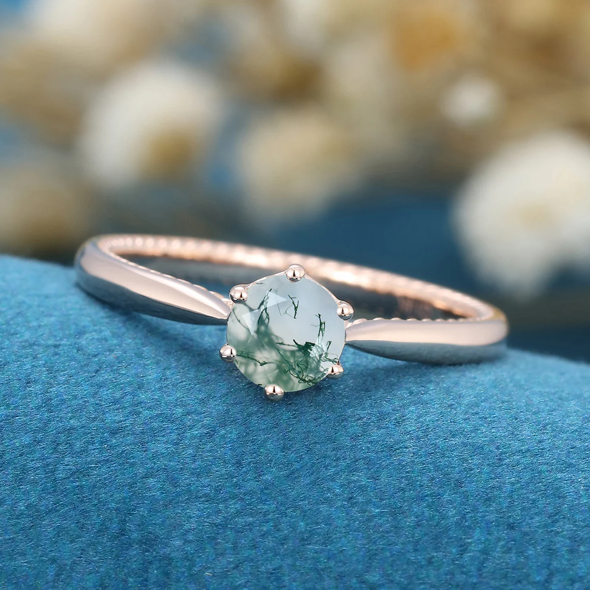 Round Cut Natural Green Moss Agate Engagement Ring - Image 5
