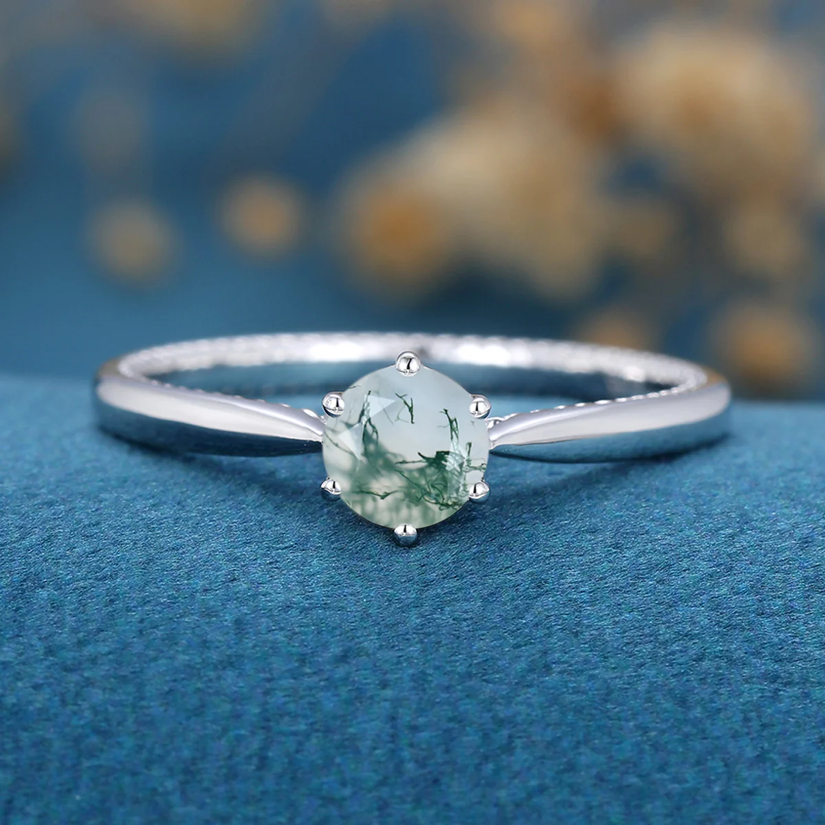 Round Cut Natural Green Moss Agate Engagement Ring - Image 7
