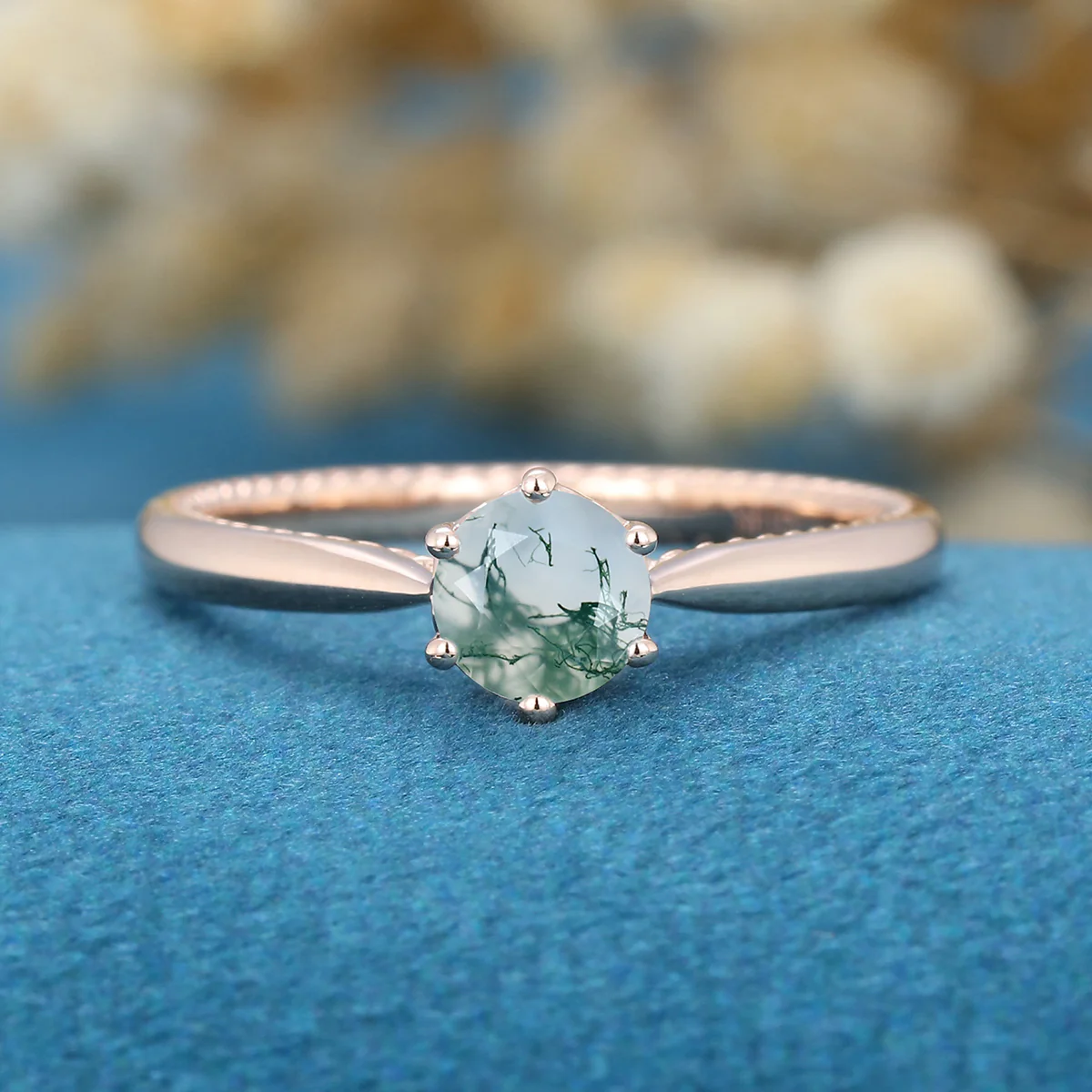 Round Cut Natural Green Moss Agate Engagement Ring - Image 8