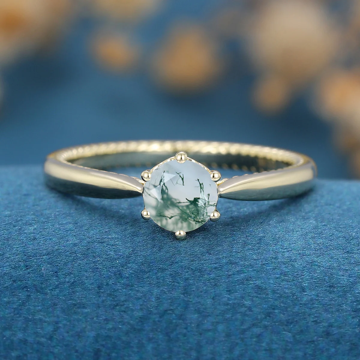 Round Cut Natural Green Moss Agate Engagement Ring - Image 9