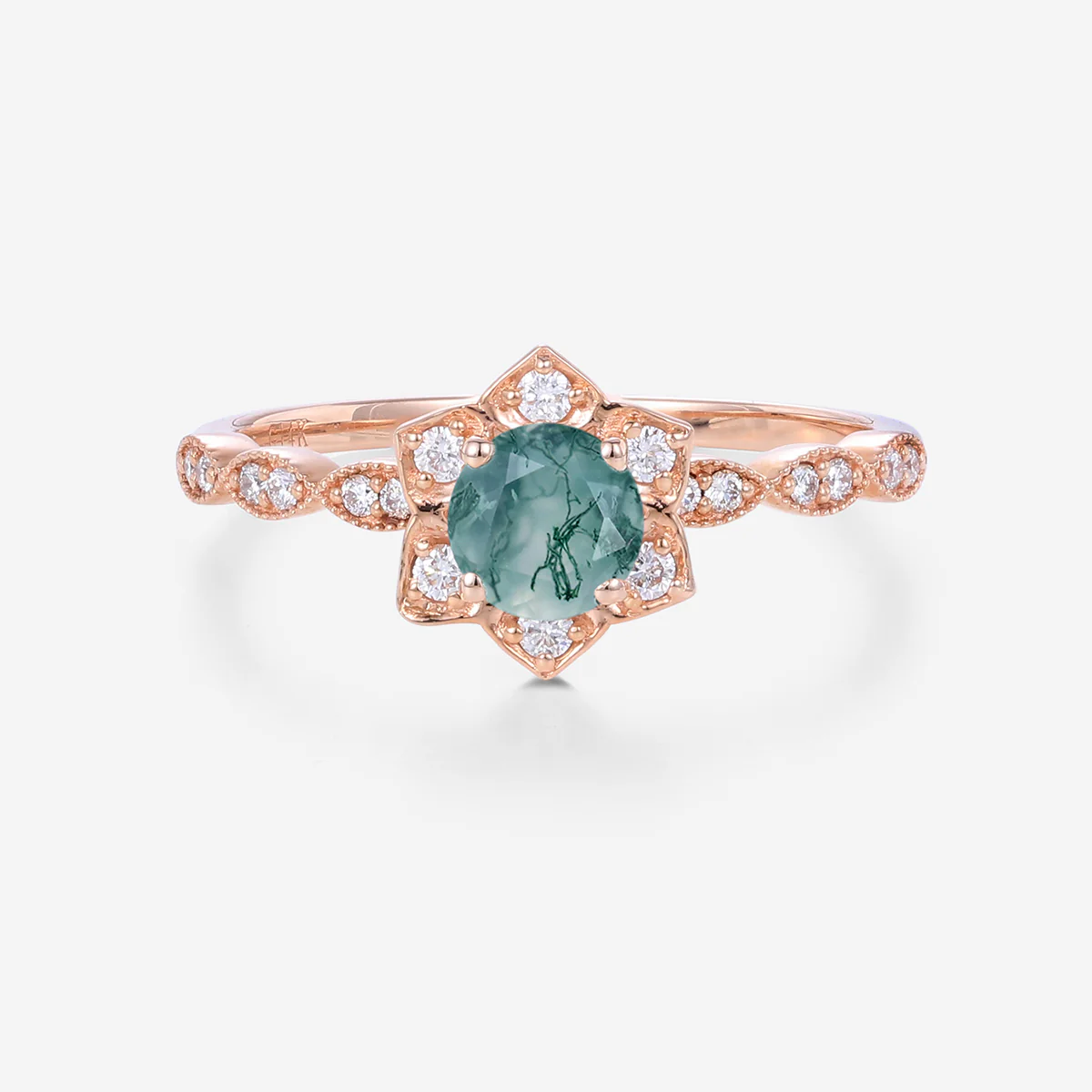 Round Cut Natural Green Moss Agate Flower Engagement Ring