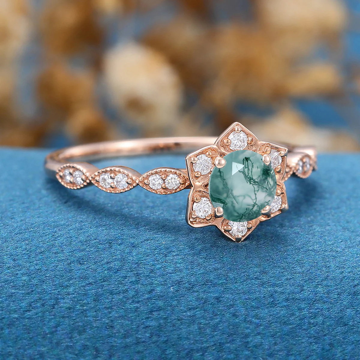 Round Cut Natural Green Moss Agate Flower Engagement Ring - Image 4