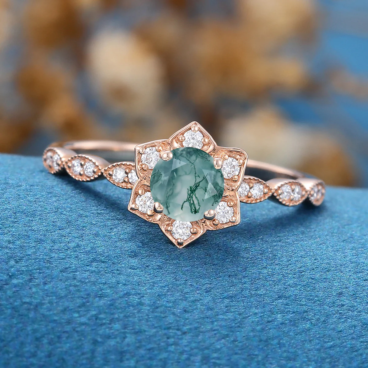 Round Cut Natural Green Moss Agate Flower Engagement Ring - Image 5