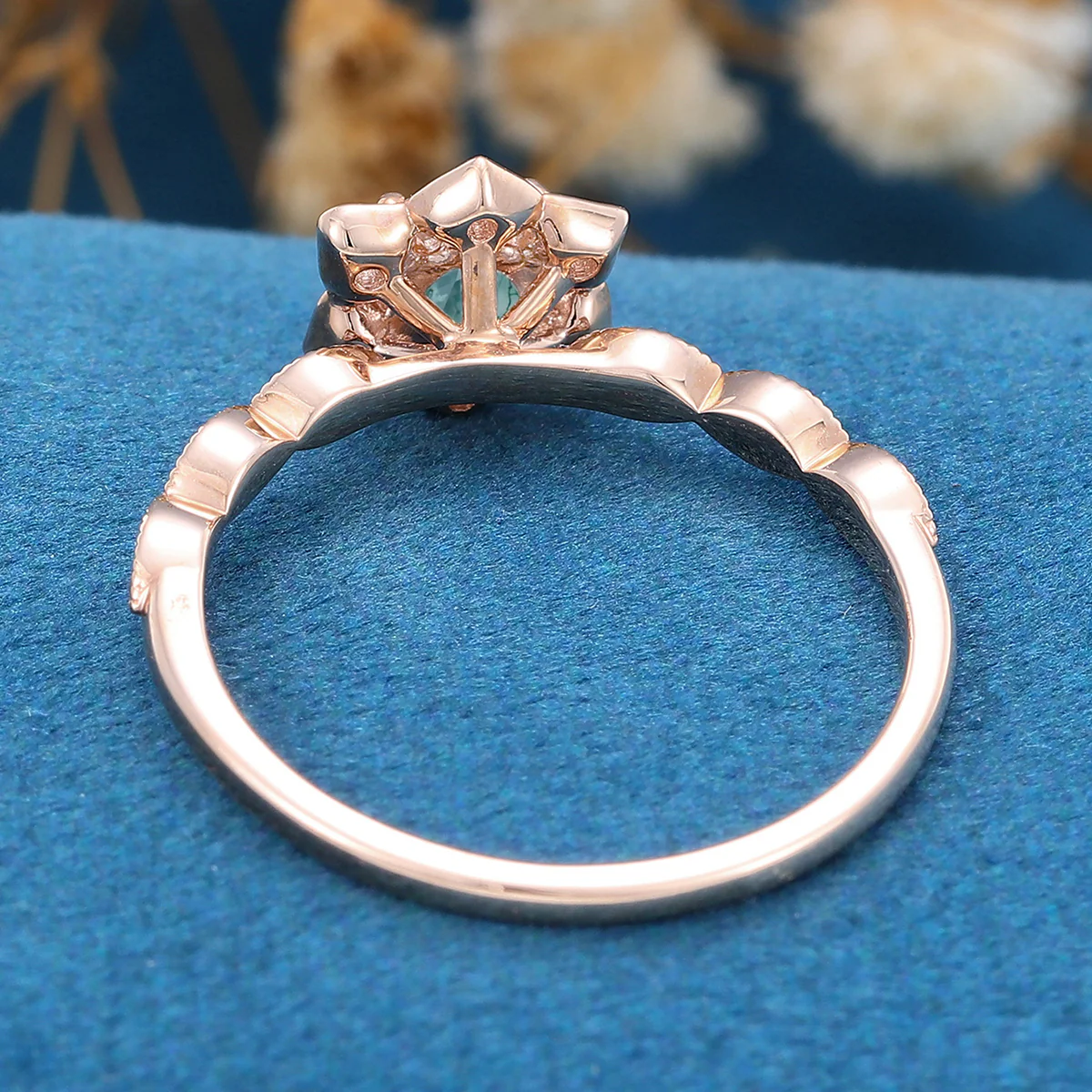 Round Cut Natural Green Moss Agate Flower Engagement Ring - Image 6