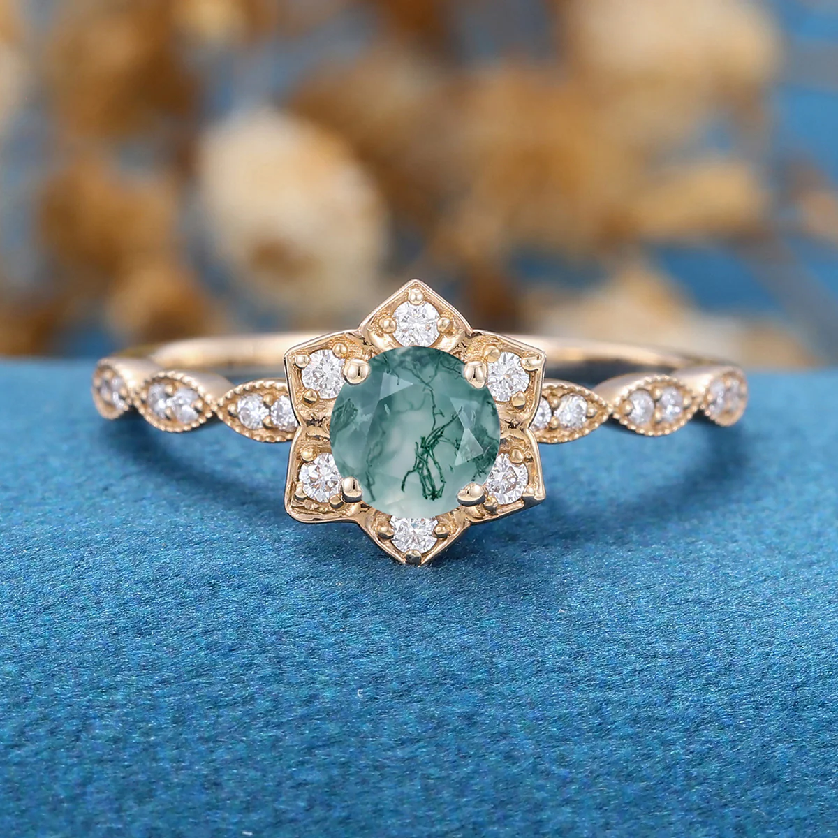 Round Cut Natural Green Moss Agate Flower Engagement Ring - Image 8
