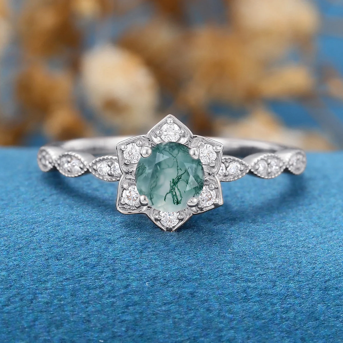 Round Cut Natural Green Moss Agate Flower Engagement Ring - Image 9