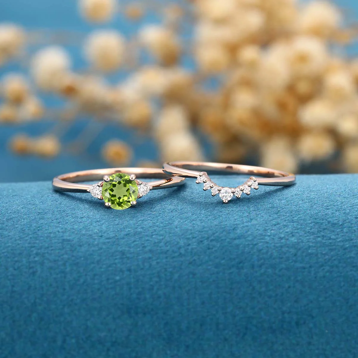 Round cut Olivine Cluster Engagement ring Bridal Set - Image 3