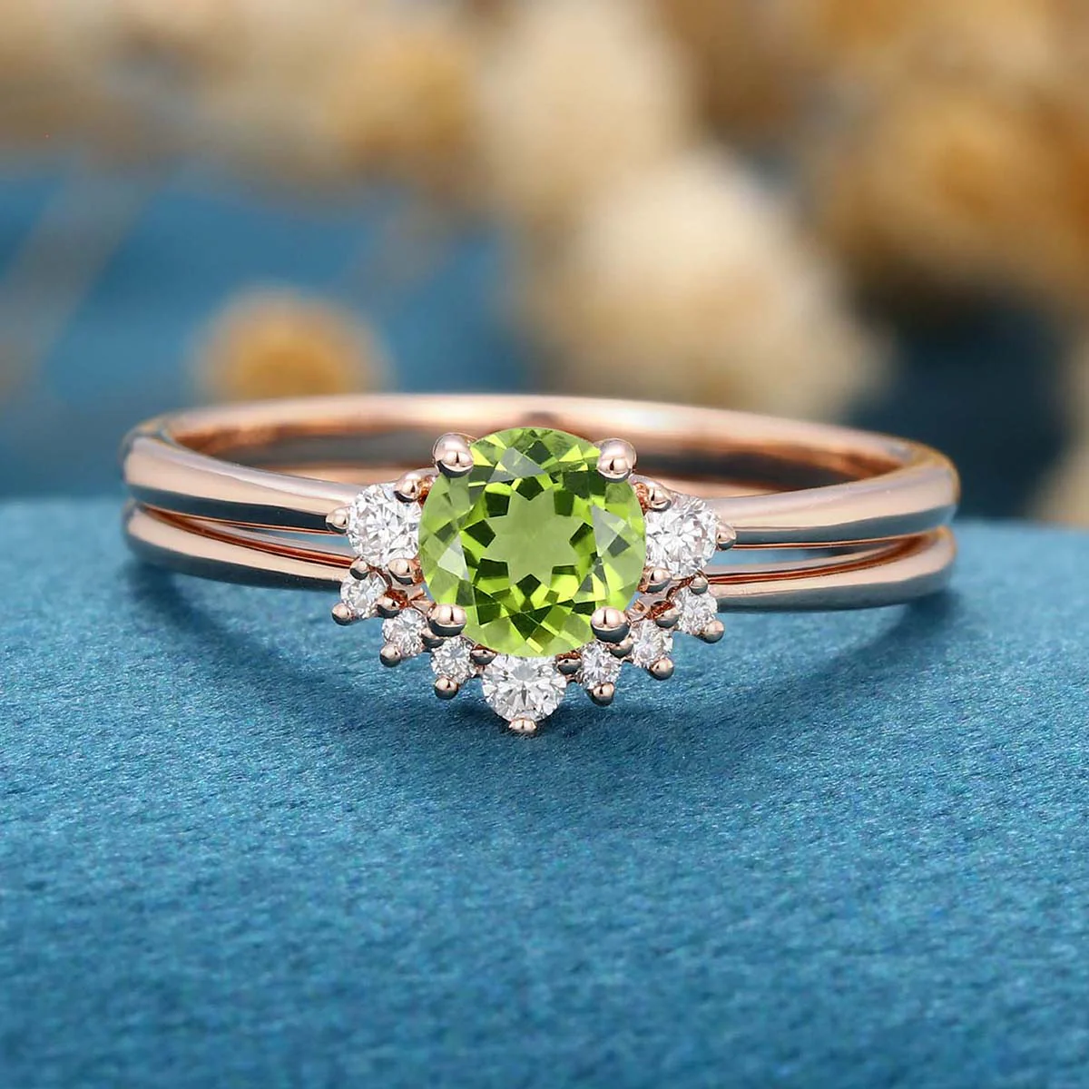 Round cut Olivine Cluster Engagement ring Bridal Set - Image 4