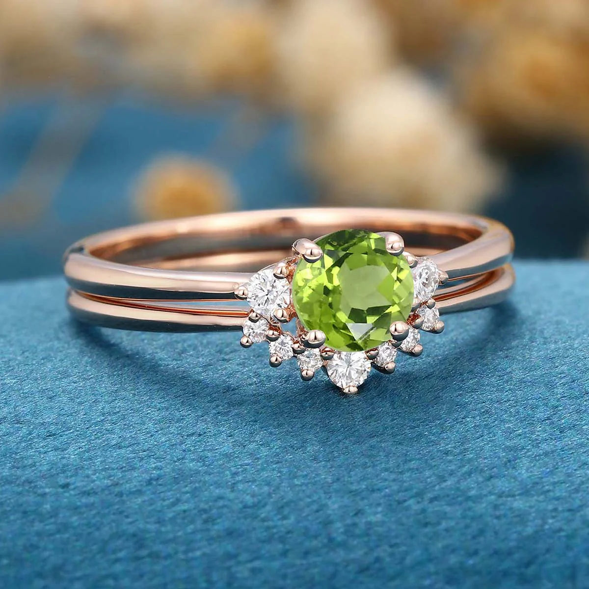 Round cut Olivine Cluster Engagement ring Bridal Set - Image 5