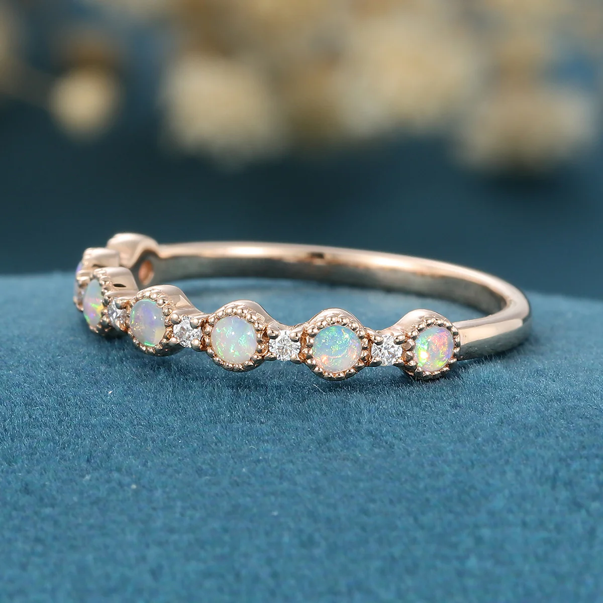 Round cut Opal Half Eternity Gold Straight Wedding Band - Image 4