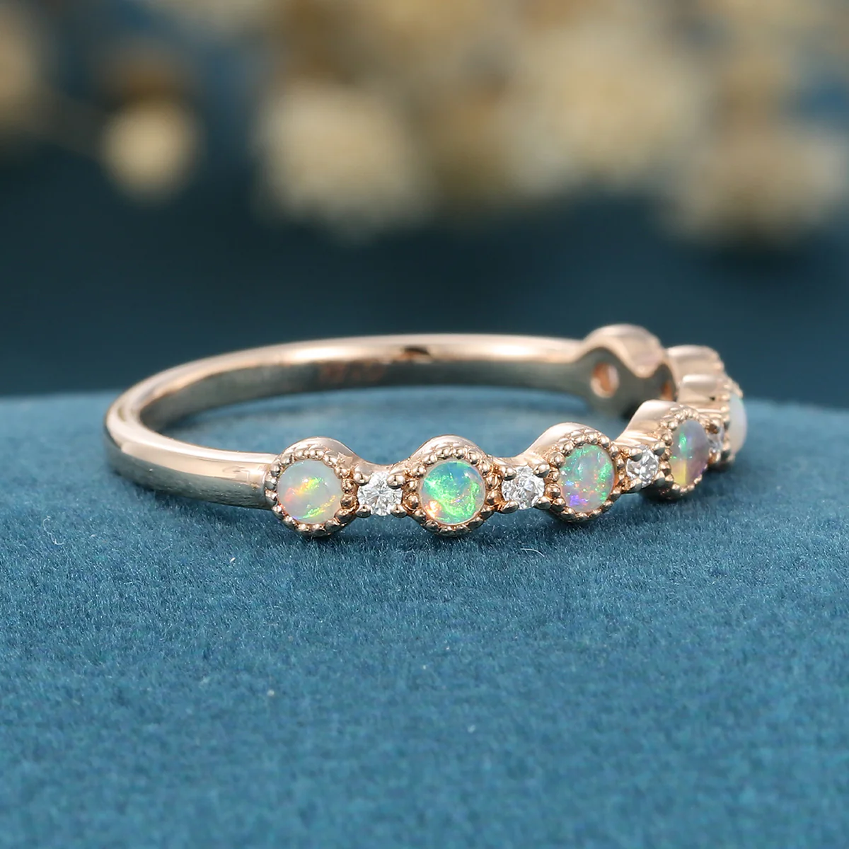 Round cut Opal Half Eternity Gold Straight Wedding Band - Image 5