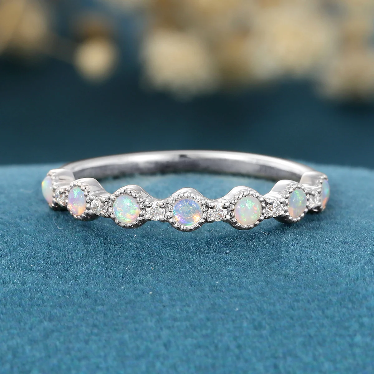 Round cut Opal Half Eternity Gold Straight Wedding Band - Image 6