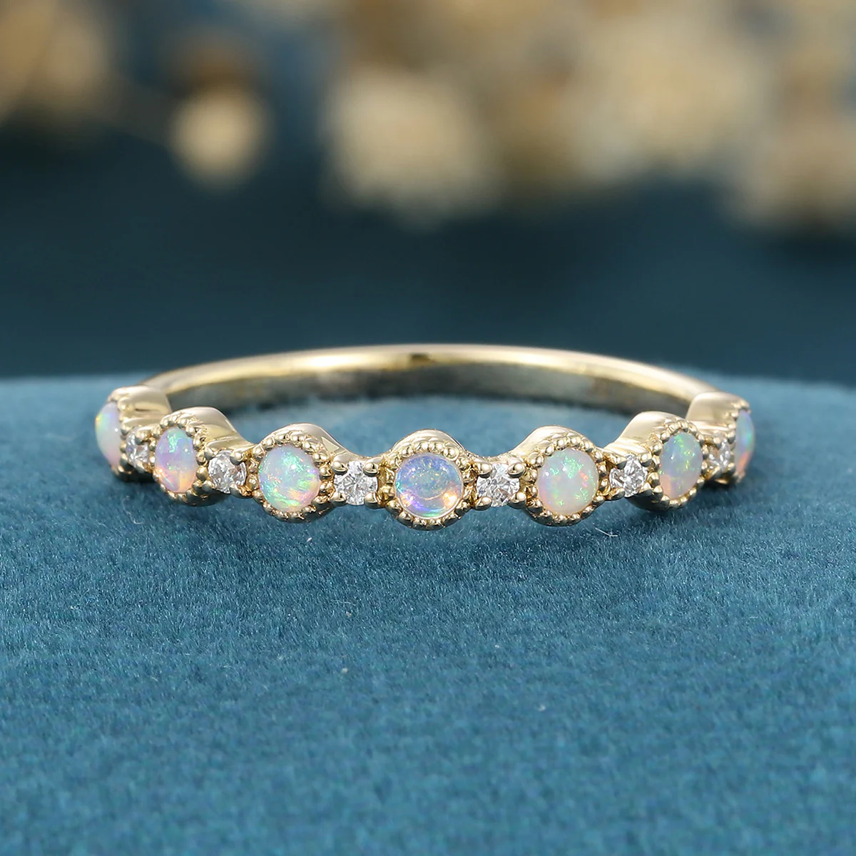 Round cut Opal Half Eternity Gold Straight Wedding Band - Image 7