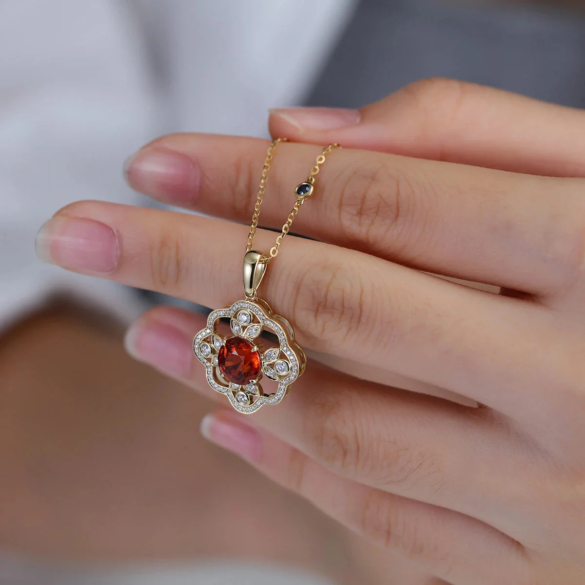 Round cut Spinel Pendant Necklace with Diamonds Halo Accents - Image 5