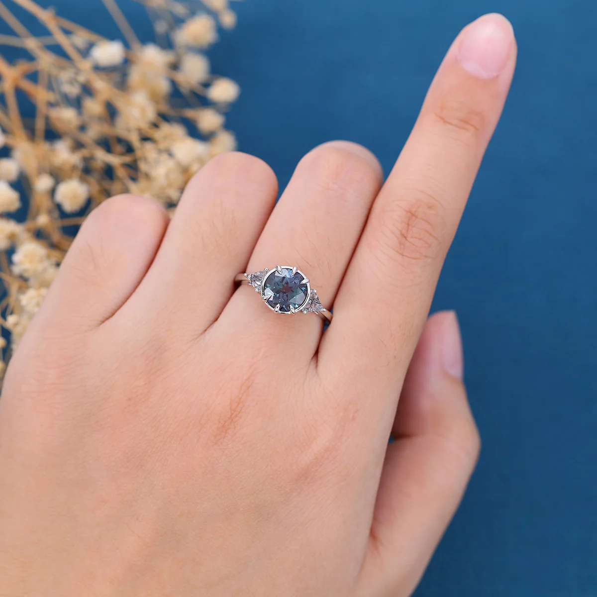 Solitaire Bezel Set Round cut Lab Alexandrite  Gold Engagement Ring - Image 2