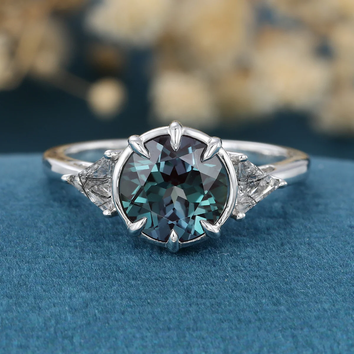 Solitaire Bezel Set Round cut Lab Alexandrite  Gold Engagement Ring - Image 3