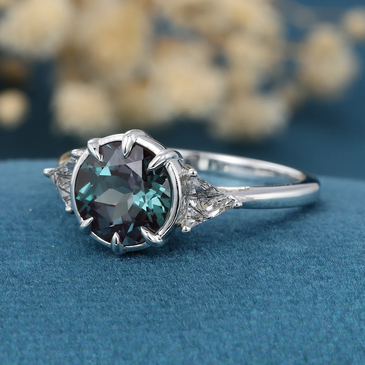 Solitaire Bezel Set Round cut Lab Alexandrite  Gold Engagement Ring - Image 5