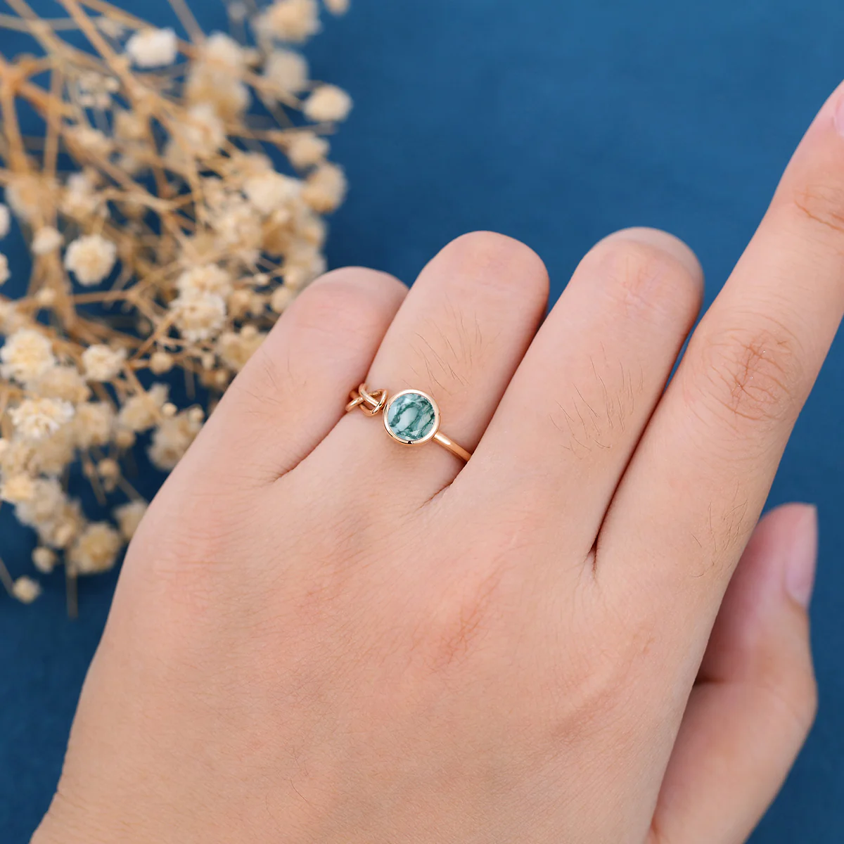 Solitaire Bezel Set Round cut Moss agate Engagement Ring - Image 2