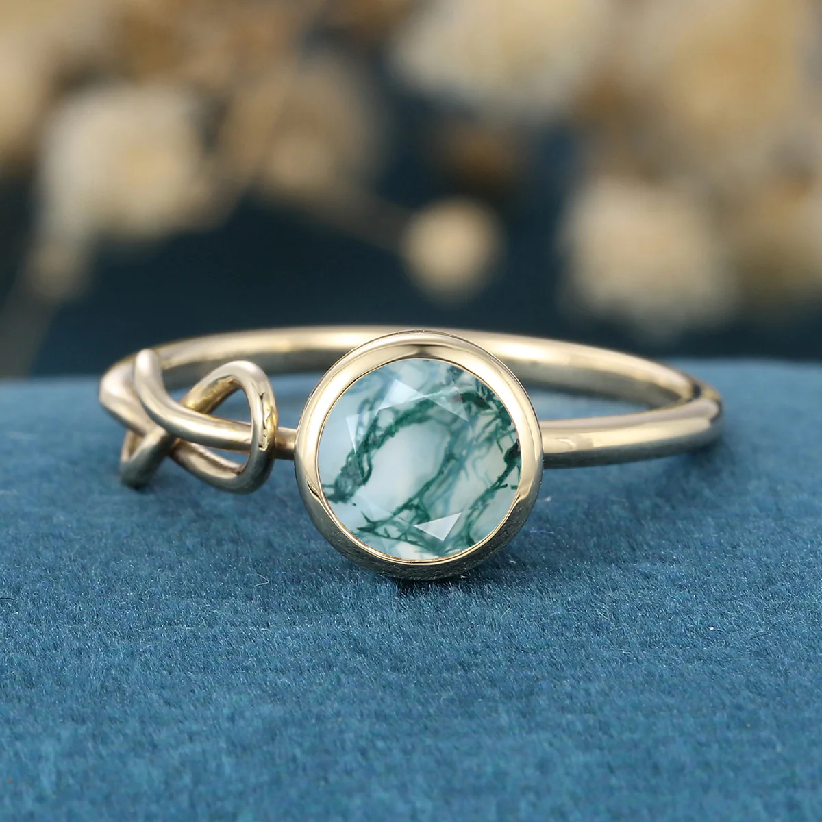 Solitaire Bezel Set Round cut Moss agate Engagement Ring - Image 3