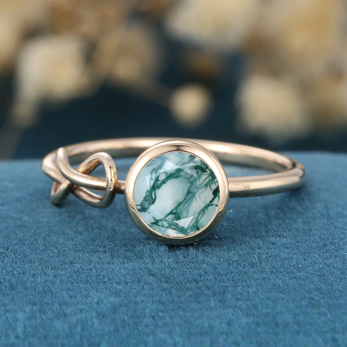 Solitaire Bezel Set Round cut Moss agate Engagement Ring - Image 4