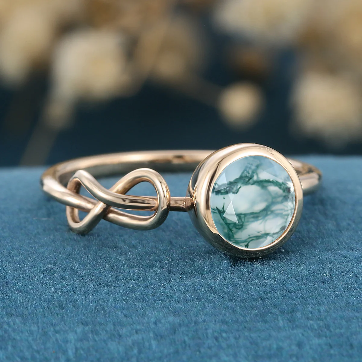 Solitaire Bezel Set Round cut Moss agate Engagement Ring - Image 5
