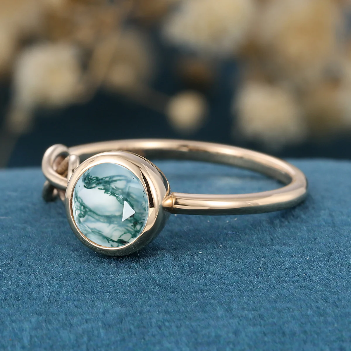 Solitaire Bezel Set Round cut Moss agate Engagement Ring - Image 6