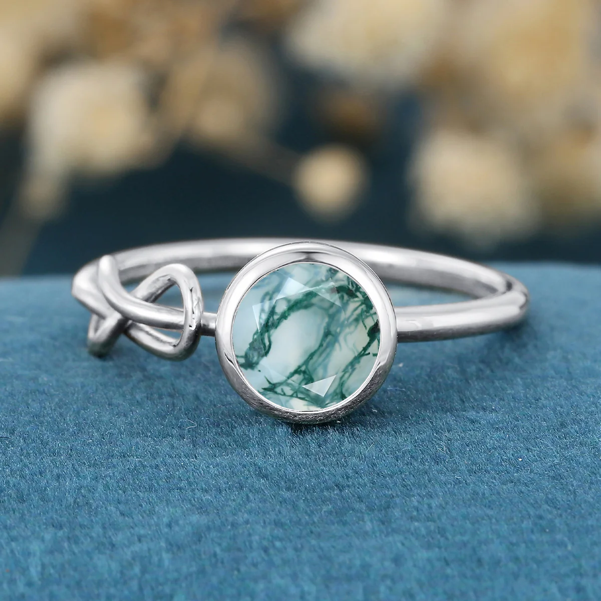 Solitaire Bezel Set Round cut Moss agate Engagement Ring - Image 7