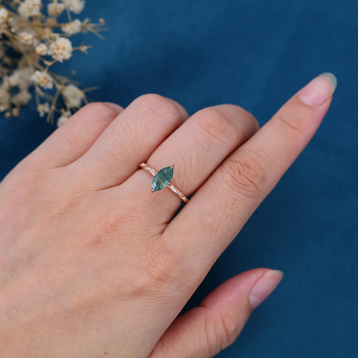 Solitaires Marquise cut Moss Agate Solid Gold Engagement Ring - Image 2