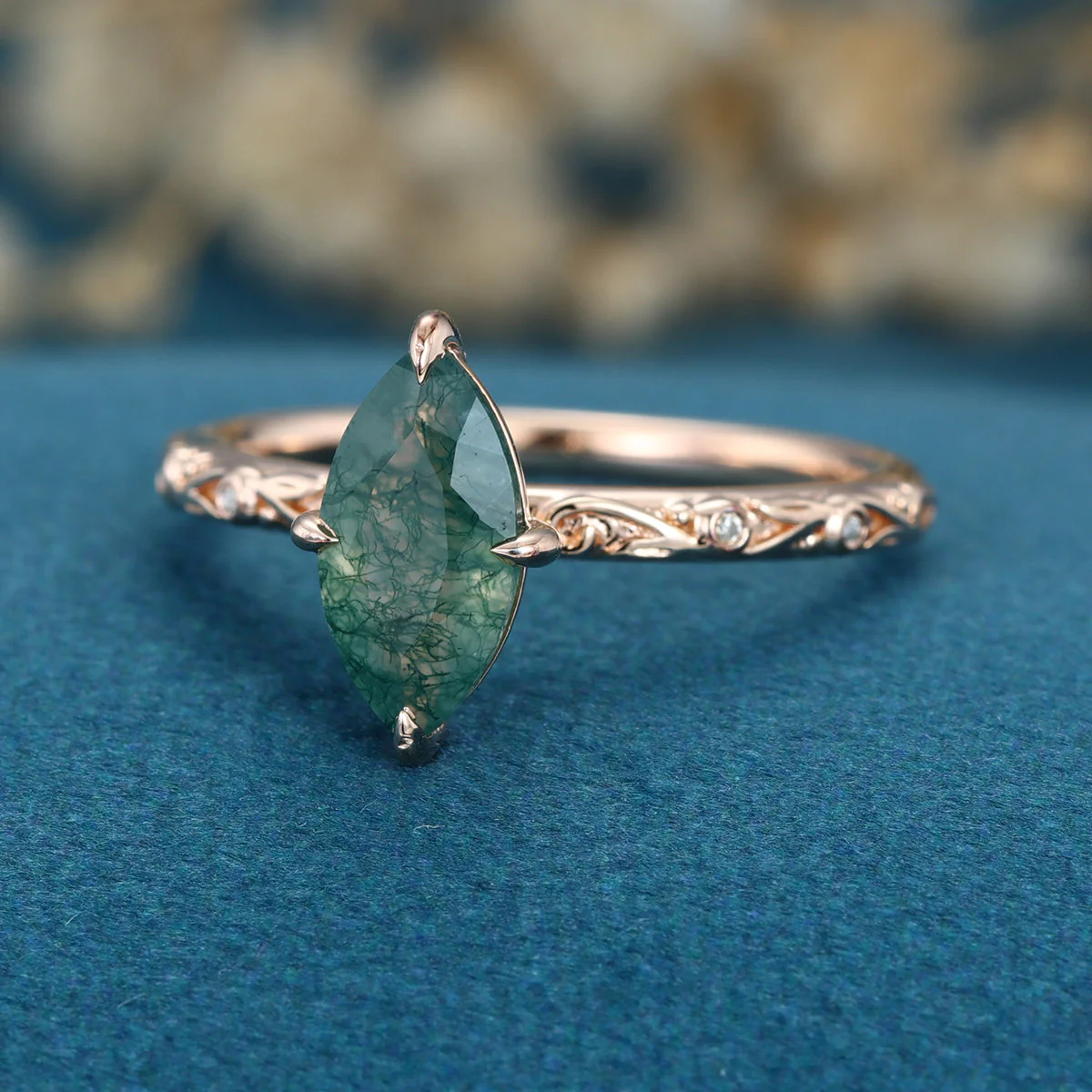 Solitaires Marquise cut Moss Agate Solid Gold Engagement Ring - Image 3