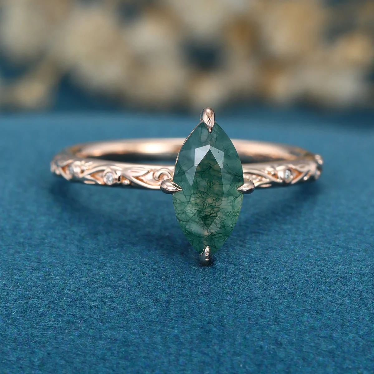 Solitaires Marquise cut Moss Agate Solid Gold Engagement Ring - Image 4
