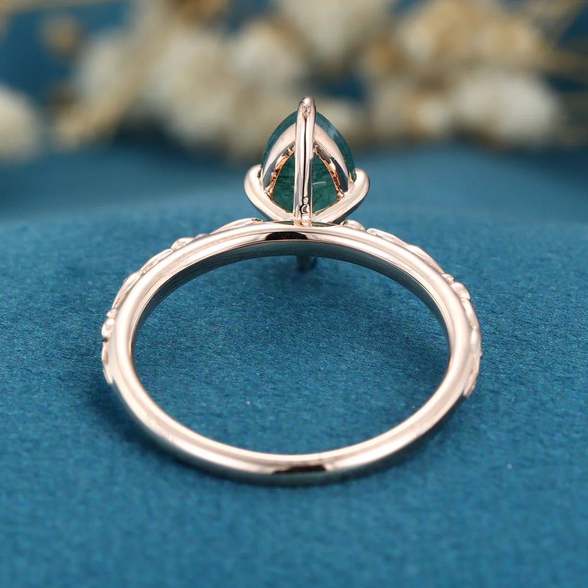 Solitaires Marquise cut Moss Agate Solid Gold Engagement Ring - Image 5
