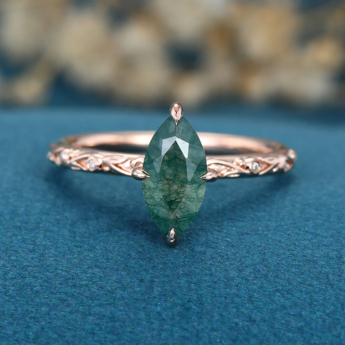 Solitaires Marquise cut Moss Agate Solid Gold Engagement Ring - Image 6