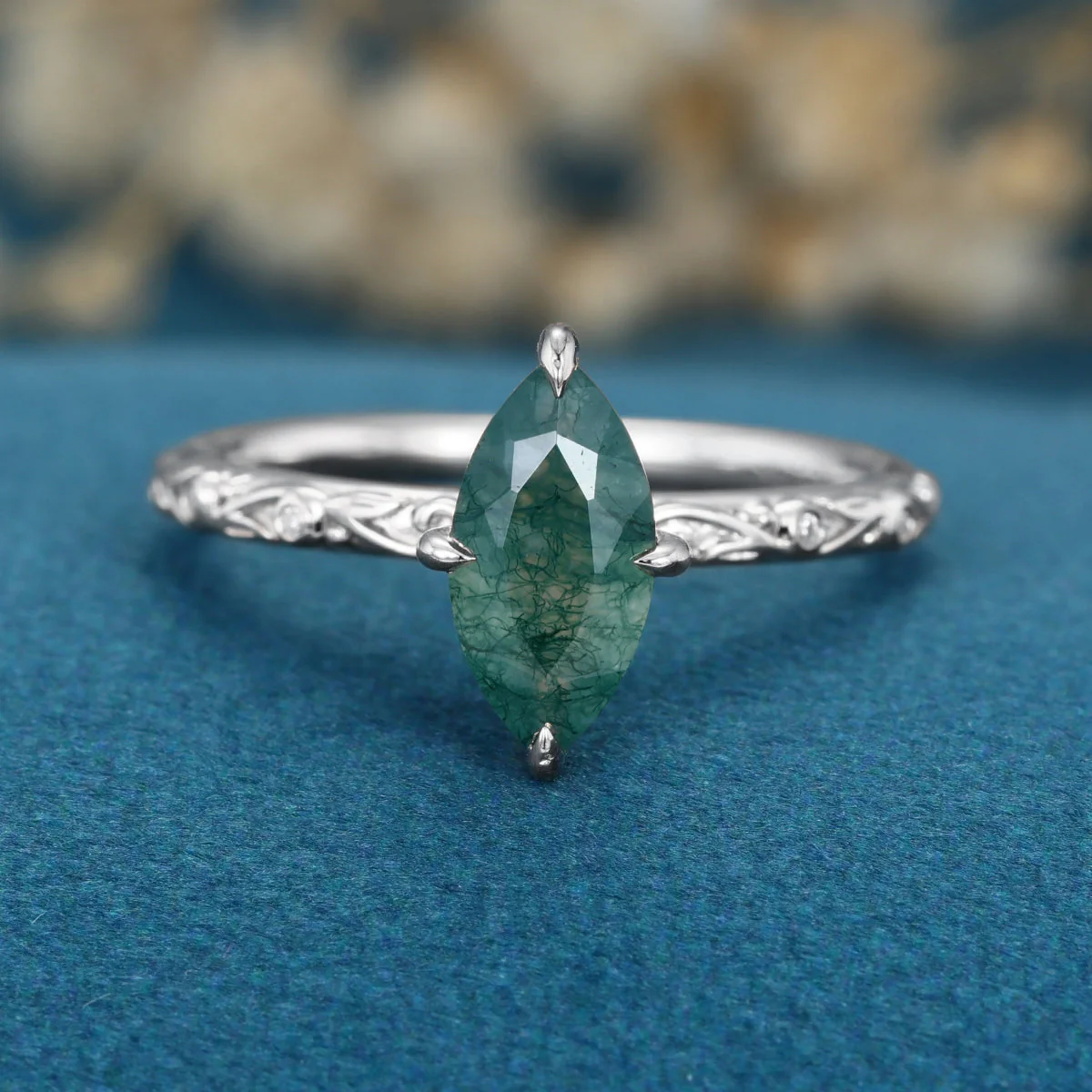 Solitaires Marquise cut Moss Agate Solid Gold Engagement Ring - Image 7