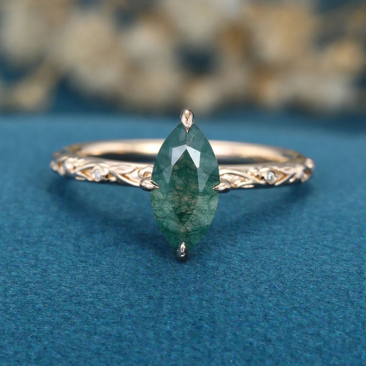 Solitaires Marquise cut Moss Agate Solid Gold Engagement Ring - Image 8
