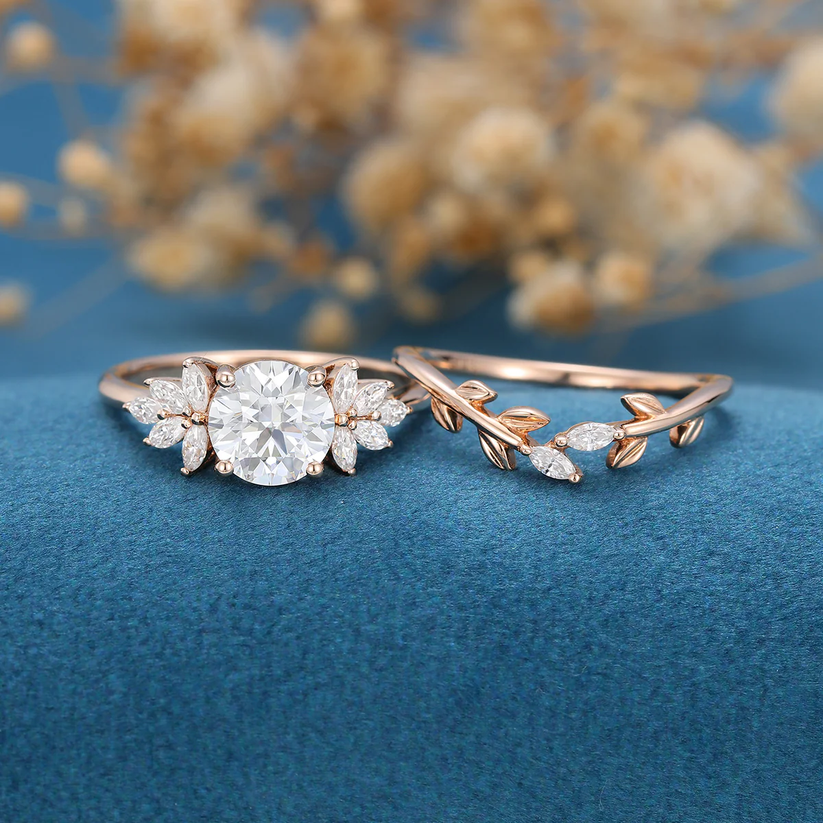 1.2Carat Round Moissanite Cluster Engagement ring Bridal Set - Image 3