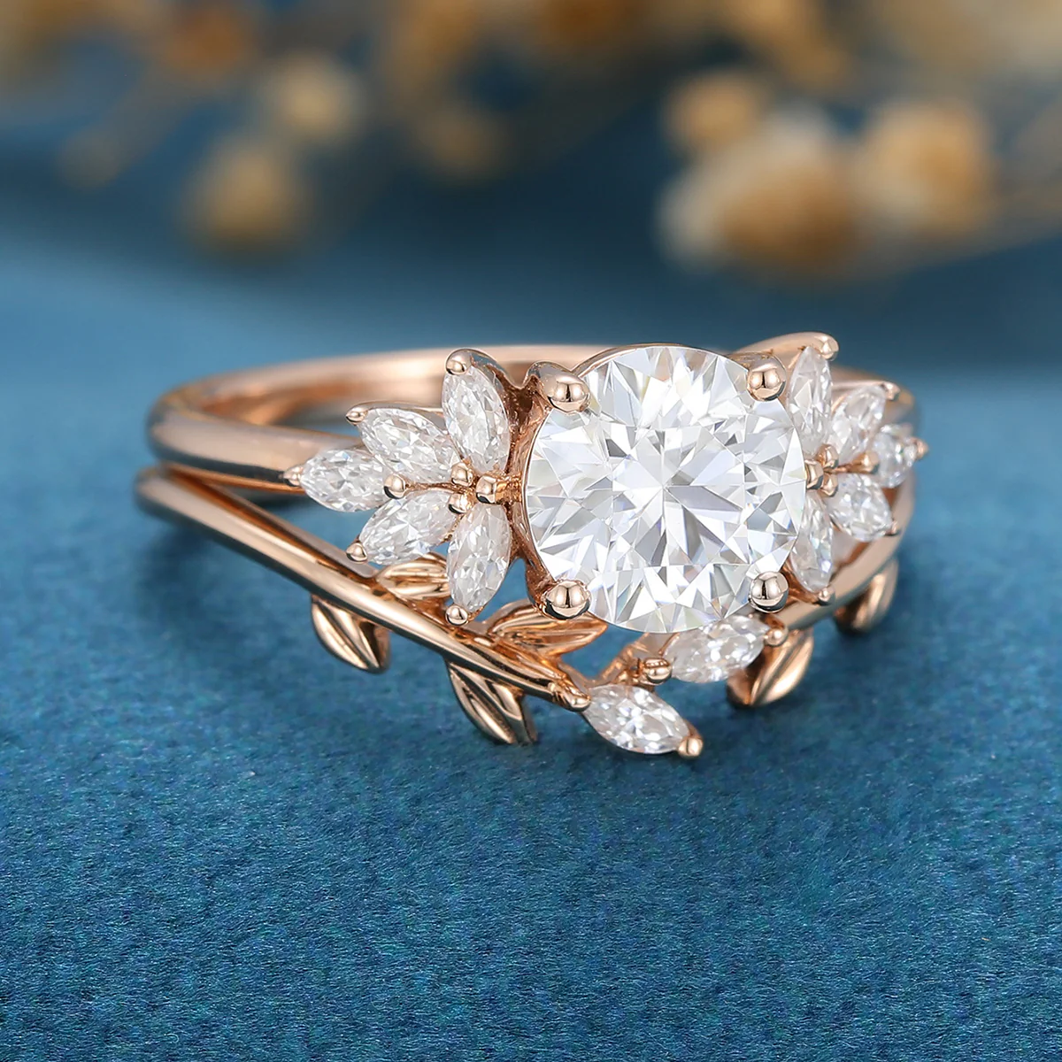 1.2Carat Round Moissanite Cluster Engagement ring Bridal Set - Image 4