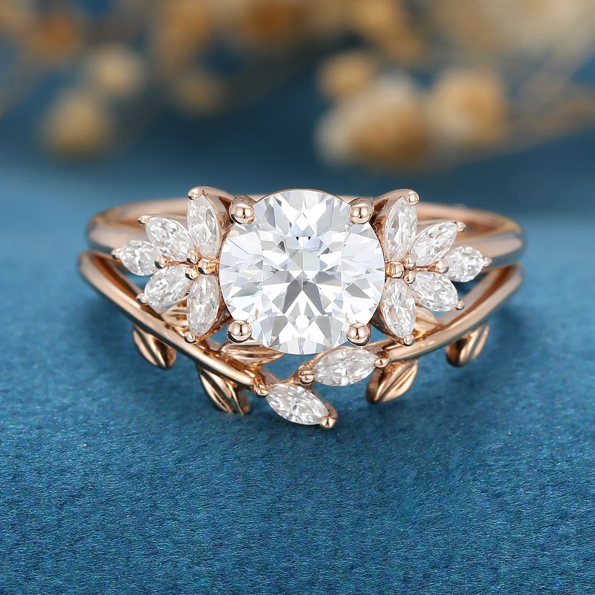 1.2Carat Round Moissanite Cluster Engagement ring Bridal Set - Image 5