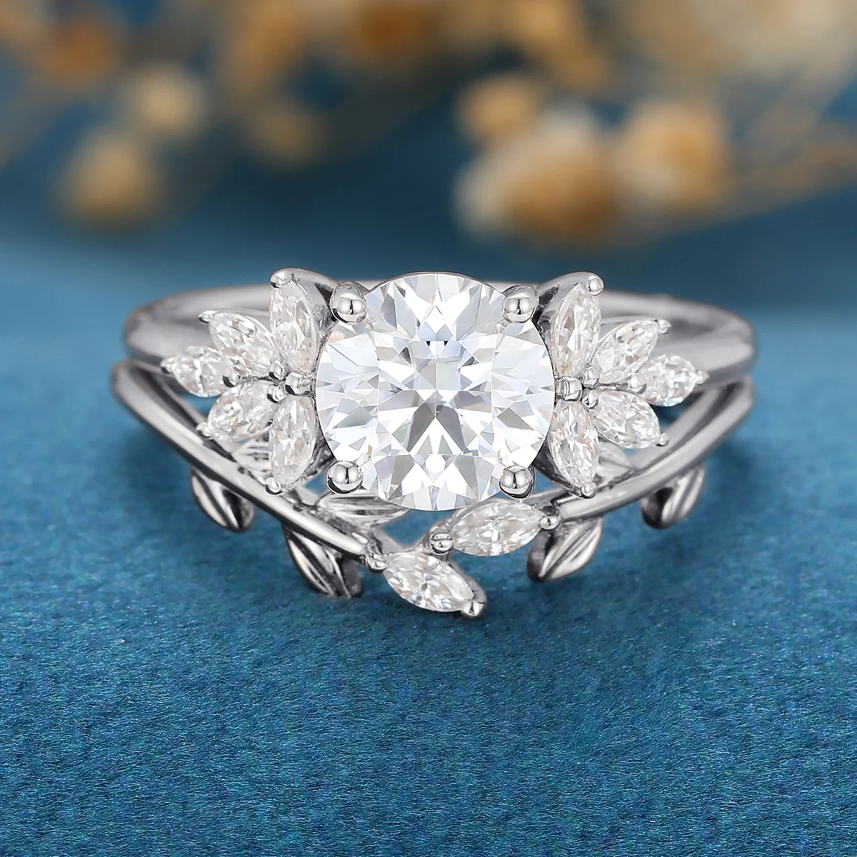 1.2Carat Round Moissanite Cluster Engagement ring Bridal Set - Image 7