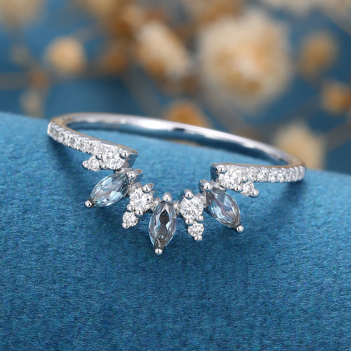 Marquise cut Alexandrite | half eternity Diamond Curved Wedding Band Ring - Image 5