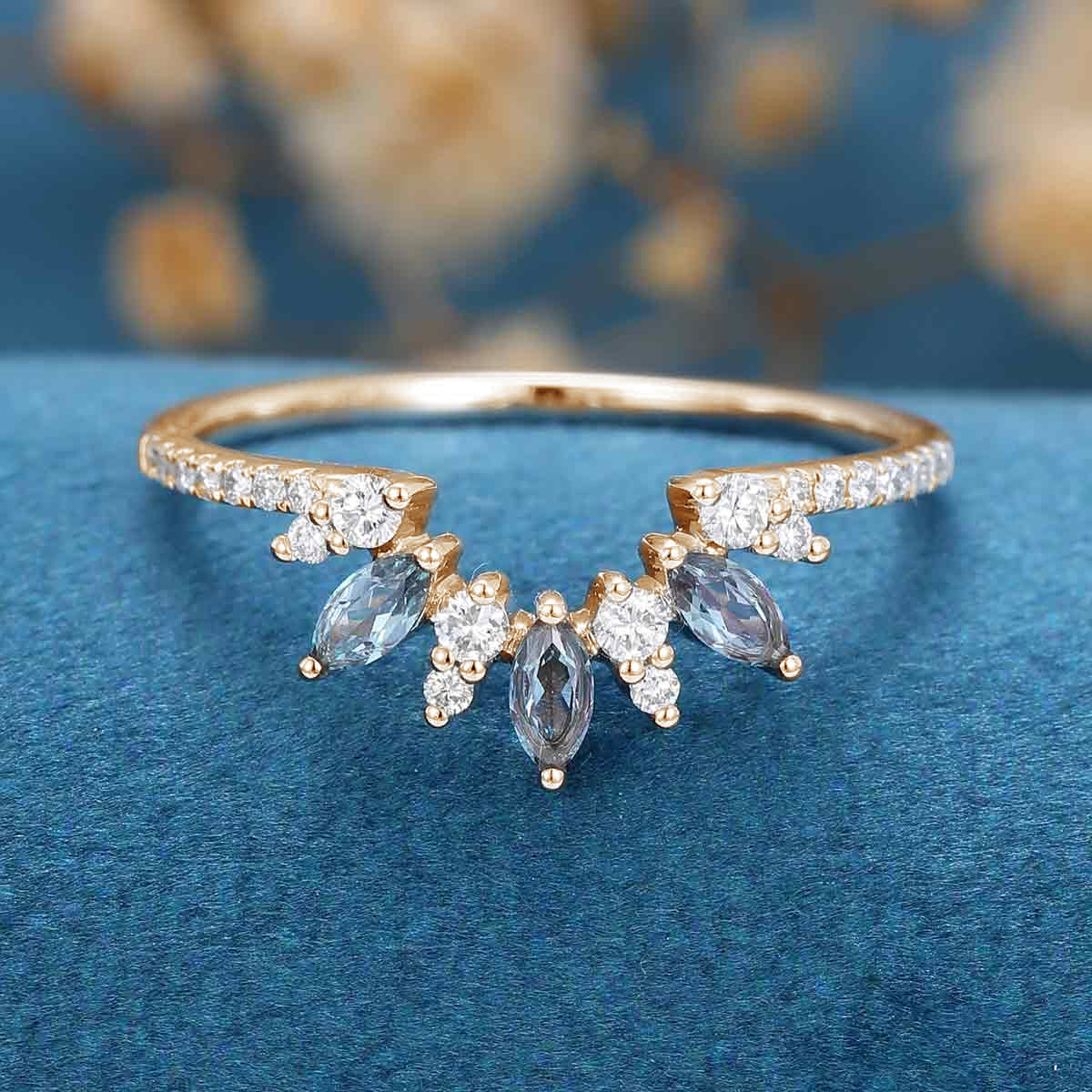 Marquise cut Alexandrite | half eternity Diamond Curved Wedding Band Ring - Image 8