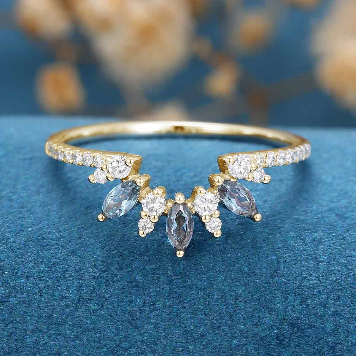 Marquise cut Alexandrite | half eternity Diamond Curved Wedding Band Ring - Image 9