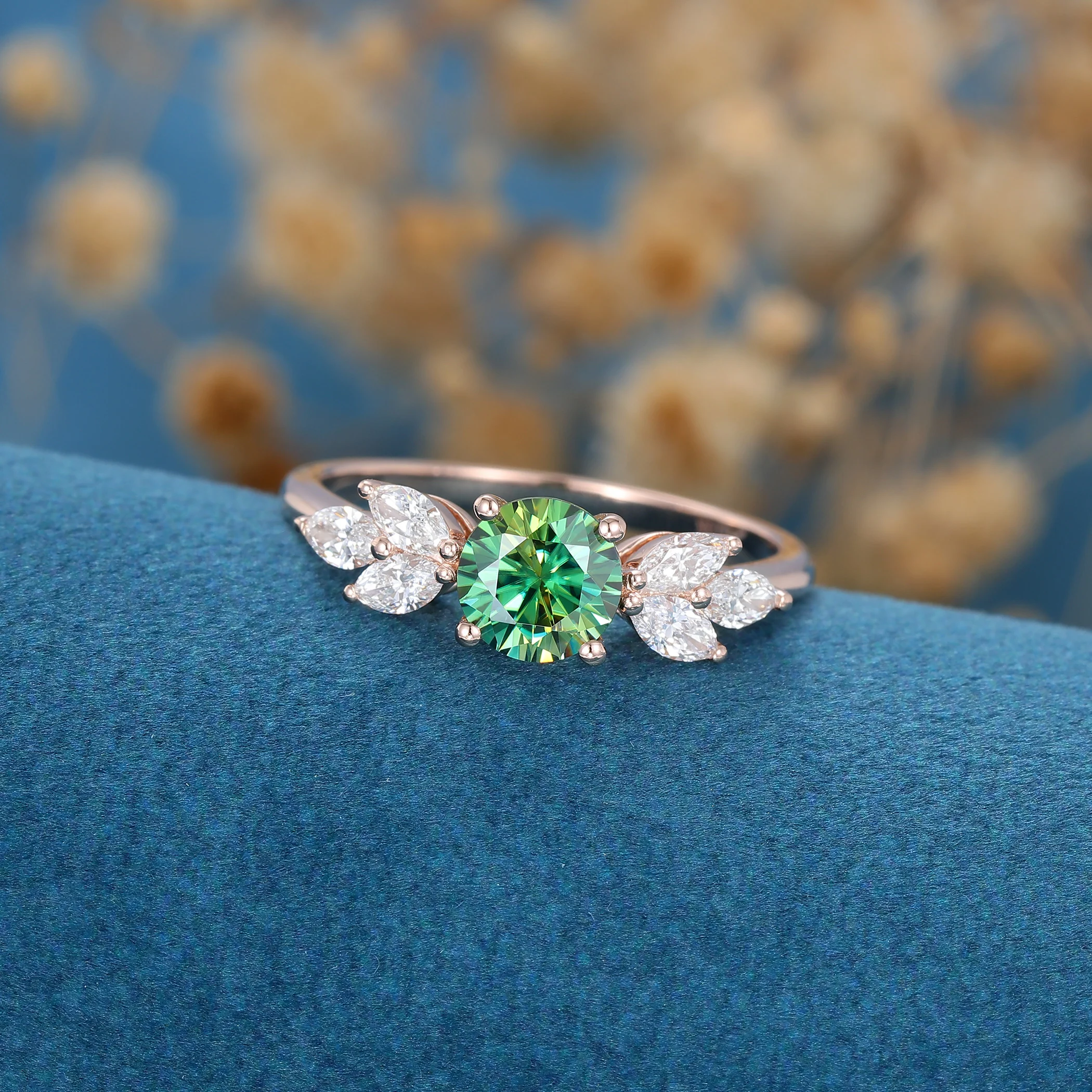 6mm Round Green Moissanite Cluster Engagement ring - Image 3