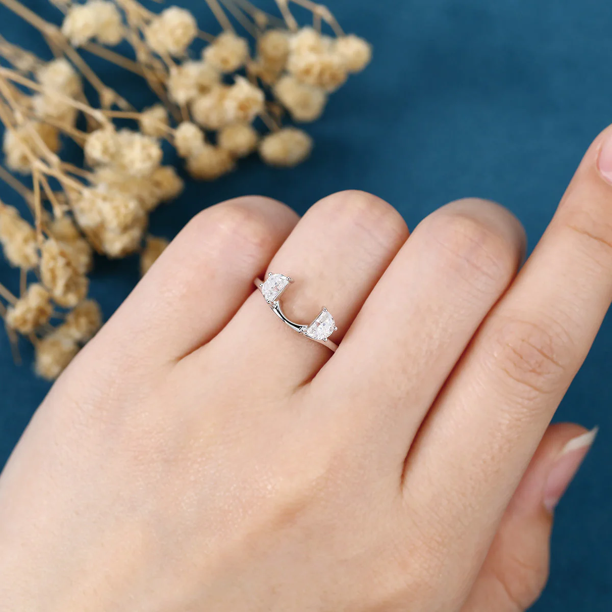 Unique Half-moon cut Moissanite | Diamonds Open wedding band - Image 2