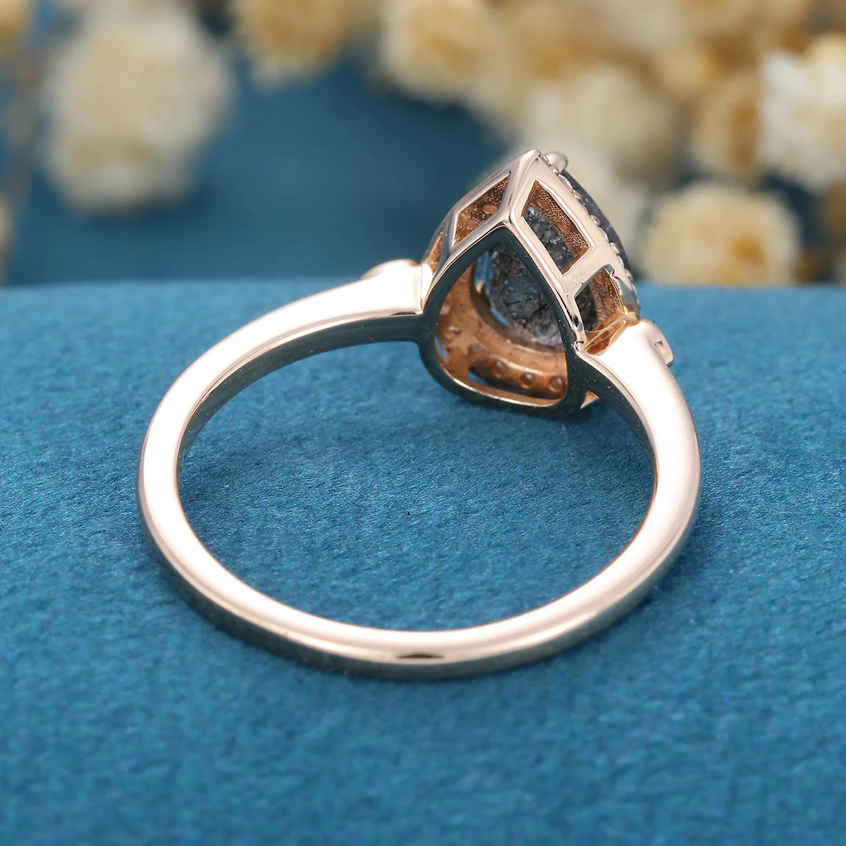 Pear cut Black Rutilated Quartz Halo Engagement ring - Image 6