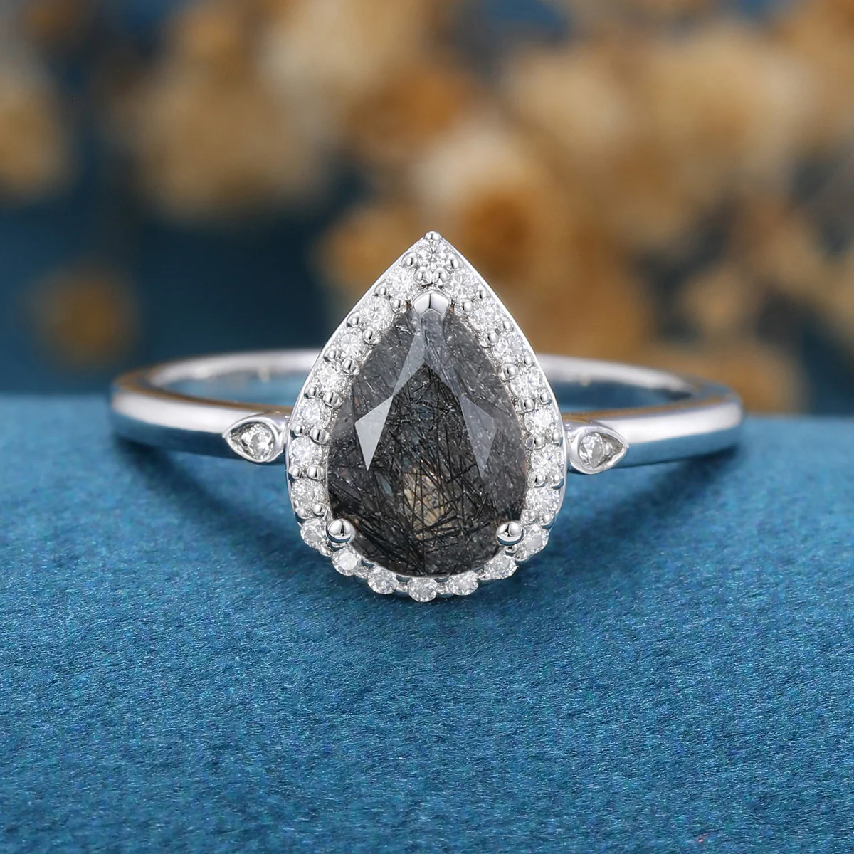 Pear cut Black Rutilated Quartz Halo Engagement ring - Image 8