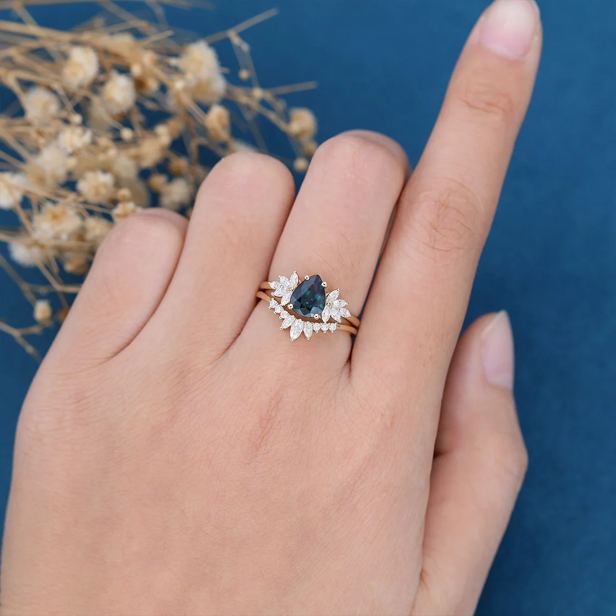 1.3Carat Pear Blue Green Sapphire Cluster Engagement Bridal Set - Image 3