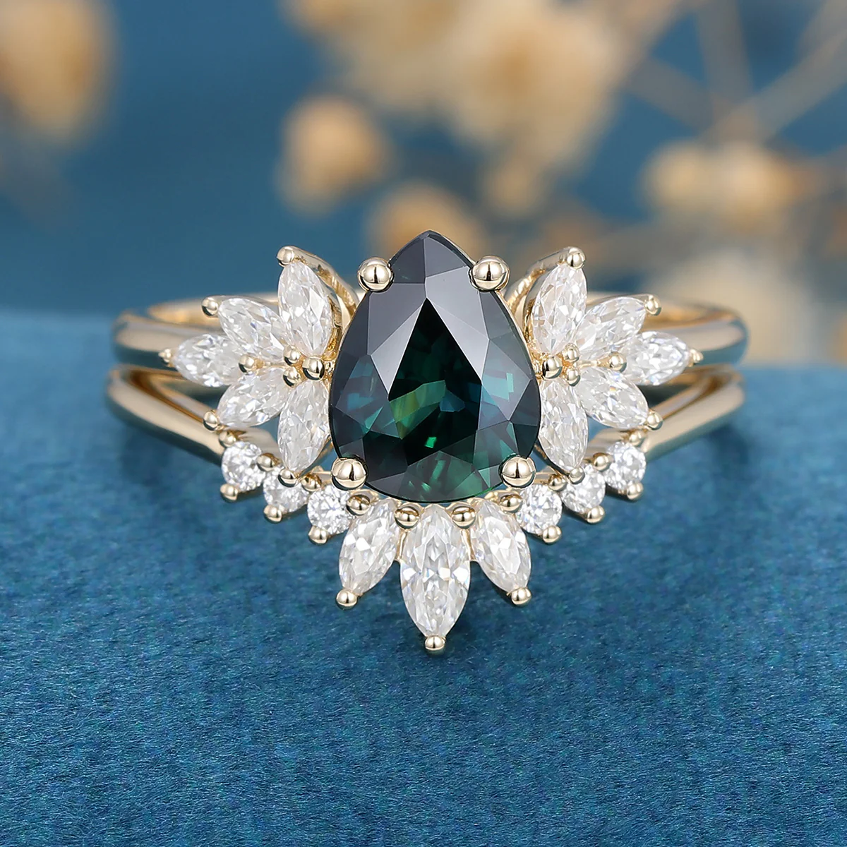 1.3Carat Pear Blue Green Sapphire Cluster Engagement Bridal Set - Image 4