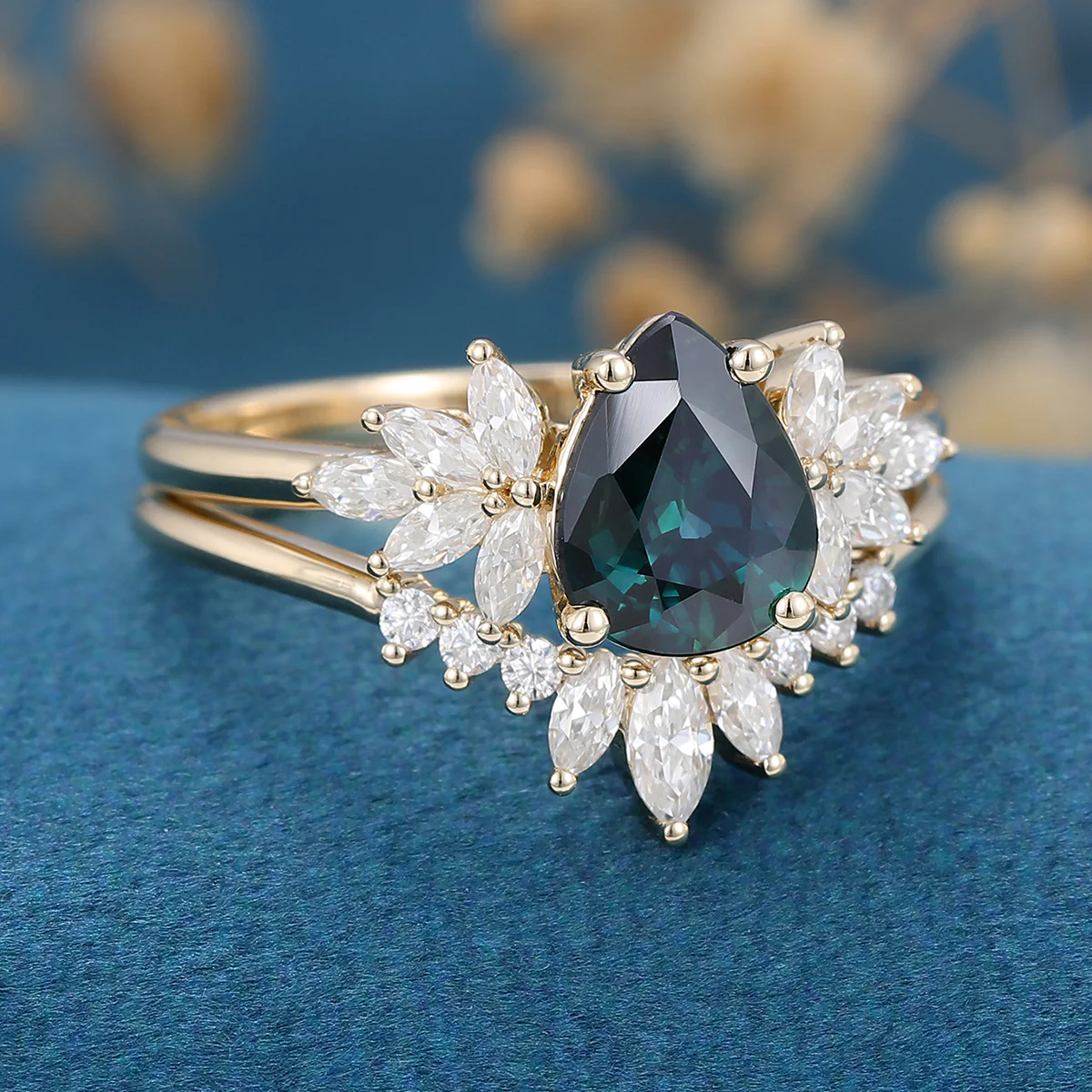 1.3Carat Pear Blue Green Sapphire Cluster Engagement Bridal Set - Image 5