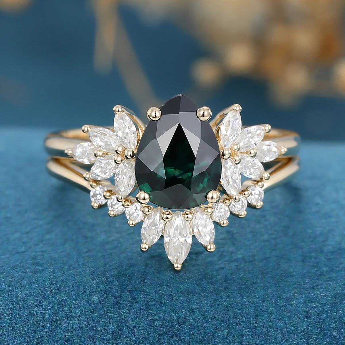 1.3Carat Pear Blue Green Sapphire Cluster Engagement Bridal Set - Image 6